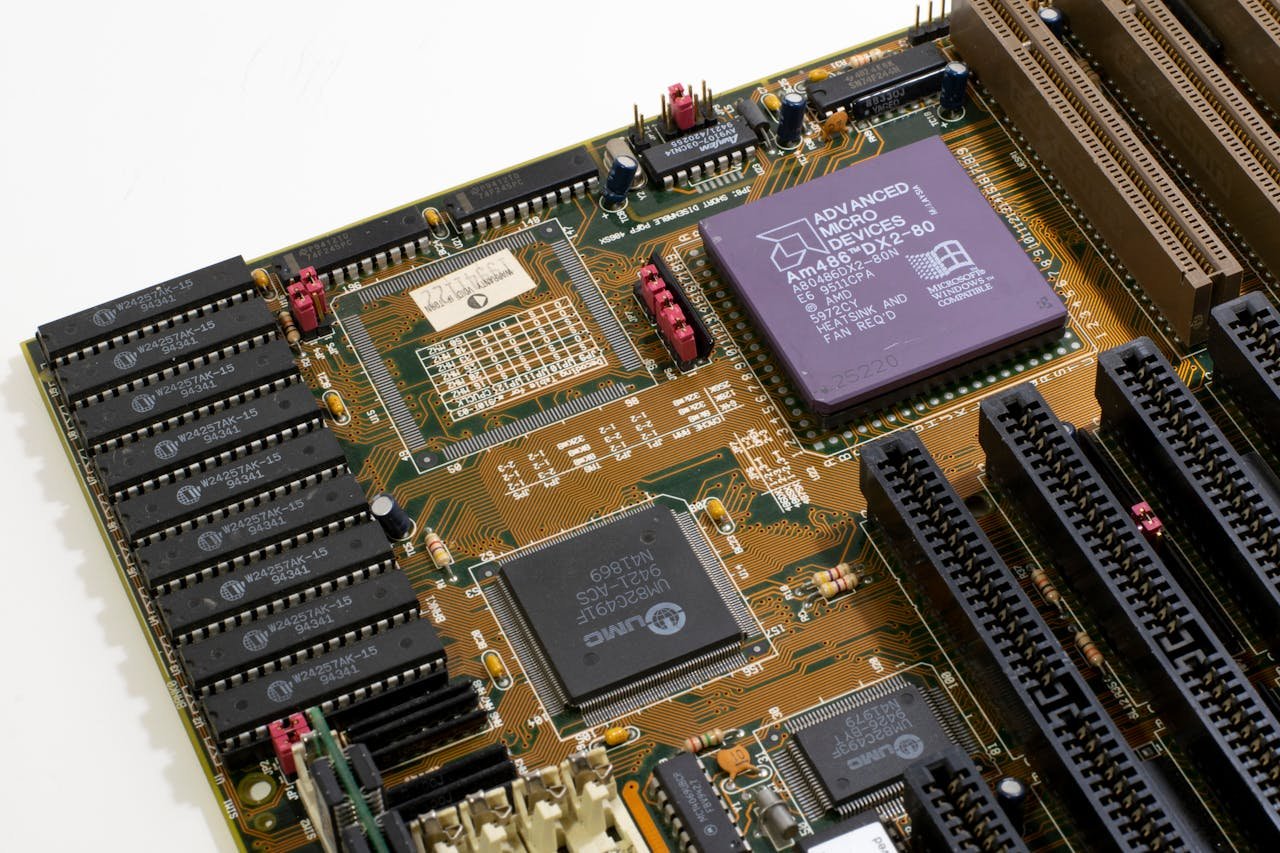 A computer motherboard with a cpu and memory chips